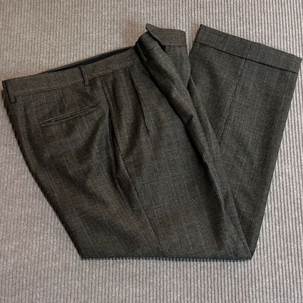 Jos A Bank 100% Wool Double Pleat Plaid Dress Pants 36R Cuffed Suspender Ready
